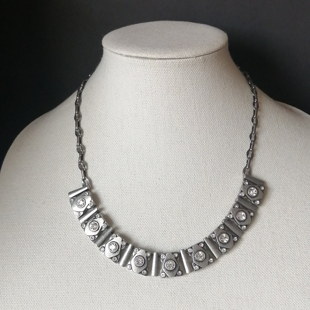 Lia Sophia "Matrix" Necklace Retired Silvertone Pewtertone with Crystal Accents